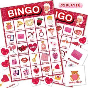 Valentine's Day Bingo Game Cards, 32 Players for Kids Party Card Games, School C